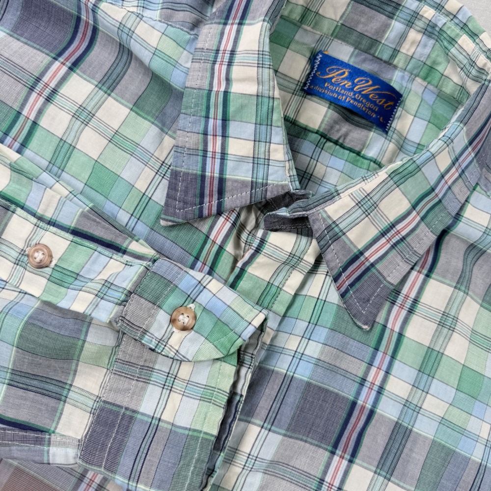 Vtg Pendleton Pen West Mens Large Plaid Button Down Shirt 90s Lightweight Summer